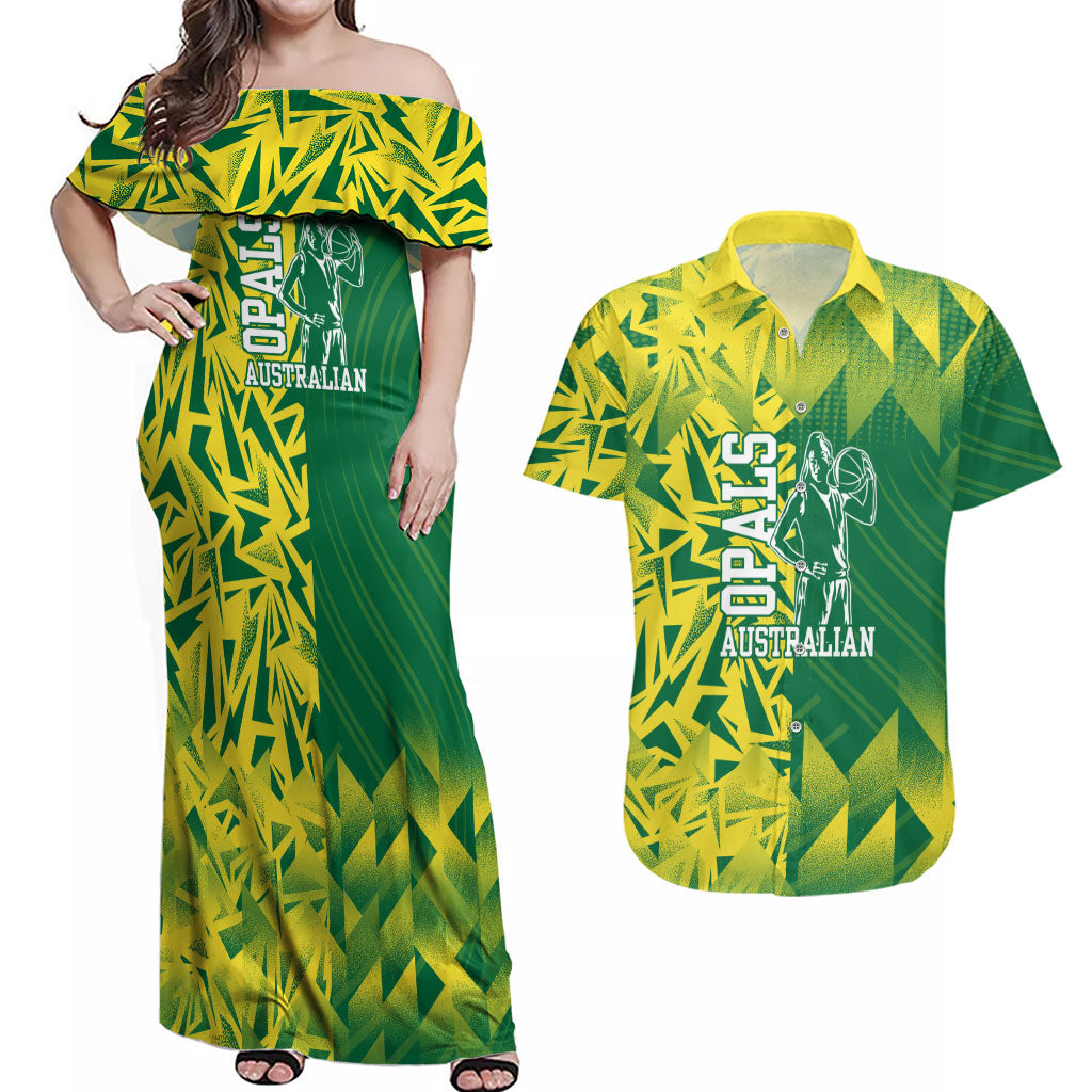 Australian Opals Basketball Couples Matching Off Shoulder Maxi Dress and Hawaiian Shirt Geometric Tribal Pattern In Green And Gold Athletic Art