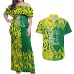 Australian Opals Basketball Couples Matching Off Shoulder Maxi Dress and Hawaiian Shirt Geometric Tribal Pattern In Green And Gold Athletic Art