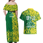 Australian Opals Basketball Couples Matching Off Shoulder Maxi Dress and Hawaiian Shirt Geometric Tribal Pattern In Green And Gold Athletic Art