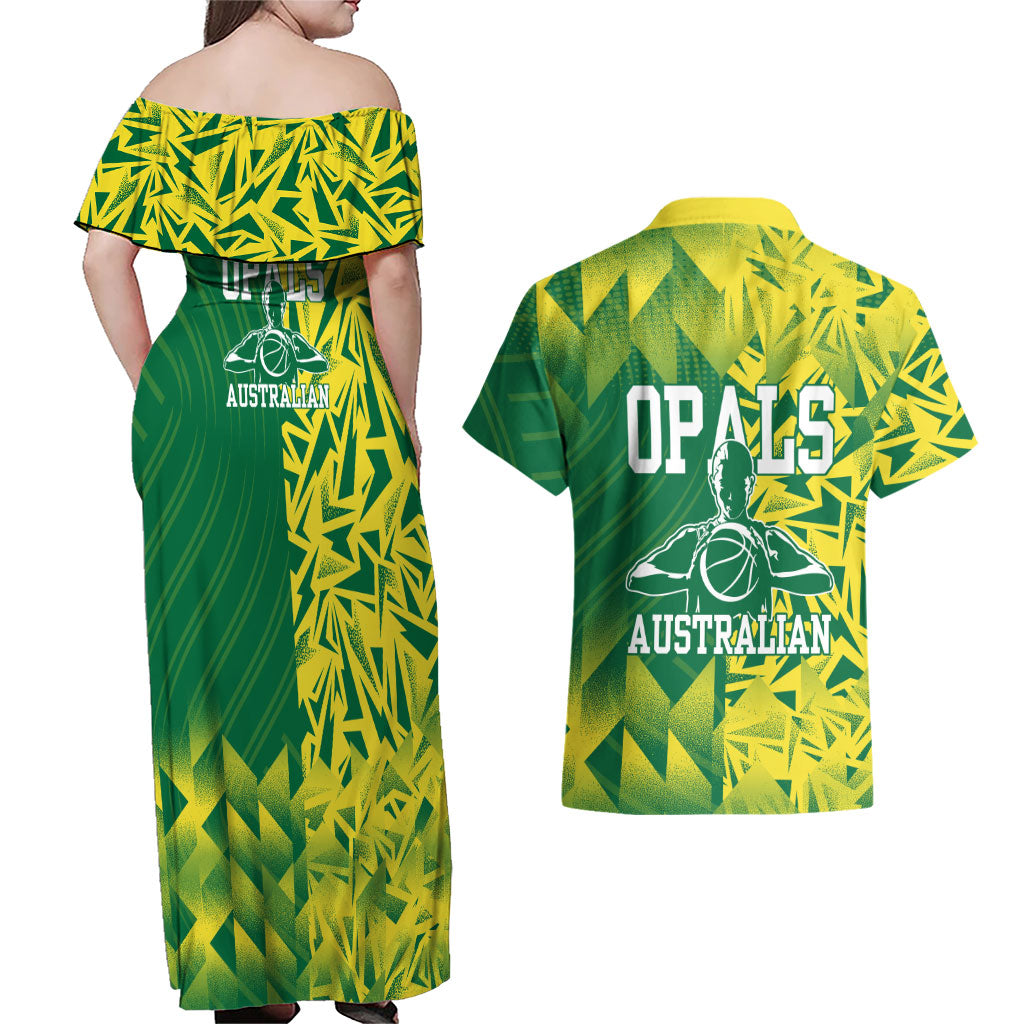 Australian Opals Basketball Couples Matching Off Shoulder Maxi Dress and Hawaiian Shirt Geometric Tribal Pattern In Green And Gold Athletic Art