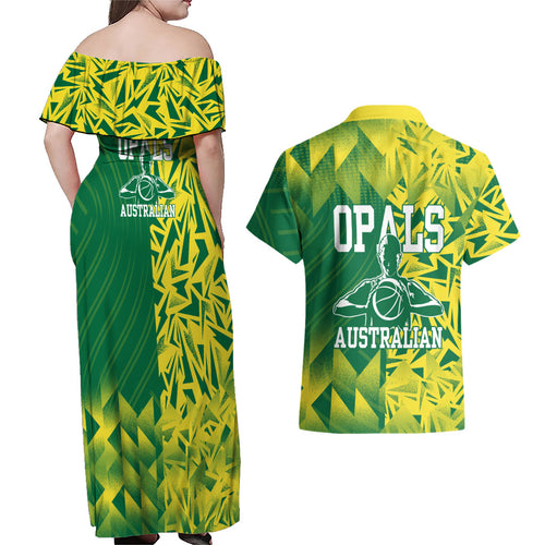 Australian Opals Basketball Couples Matching Off Shoulder Maxi Dress and Hawaiian Shirt Geometric Tribal Pattern In Green And Gold Athletic Art