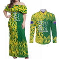 Australian Opals Basketball Couples Matching Off Shoulder Maxi Dress and Long Sleeve Button Shirt Geometric Tribal Pattern In Green And Gold Athletic Art