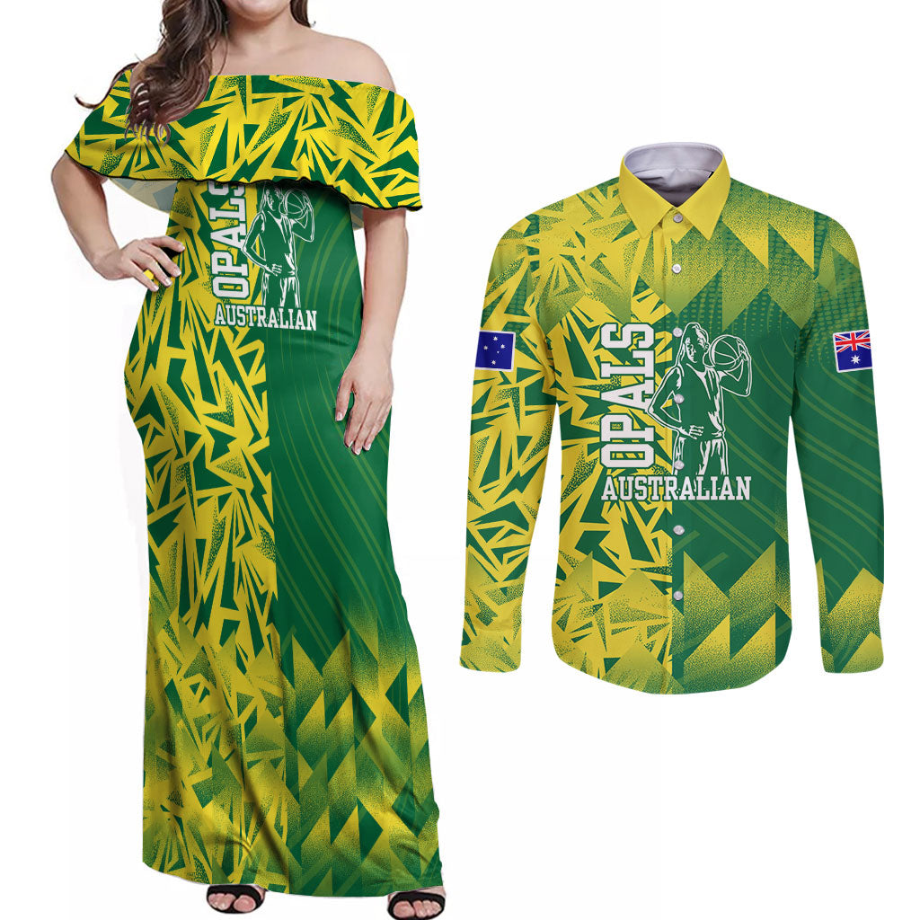 Australian Opals Basketball Couples Matching Off Shoulder Maxi Dress and Long Sleeve Button Shirt Geometric Tribal Pattern In Green And Gold Athletic Art