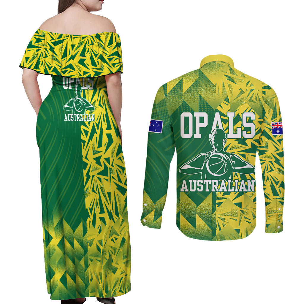 Australian Opals Basketball Couples Matching Off Shoulder Maxi Dress and Long Sleeve Button Shirt Geometric Tribal Pattern In Green And Gold Athletic Art