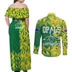 Australian Opals Basketball Couples Matching Off Shoulder Maxi Dress and Long Sleeve Button Shirt Geometric Tribal Pattern In Green And Gold Athletic Art