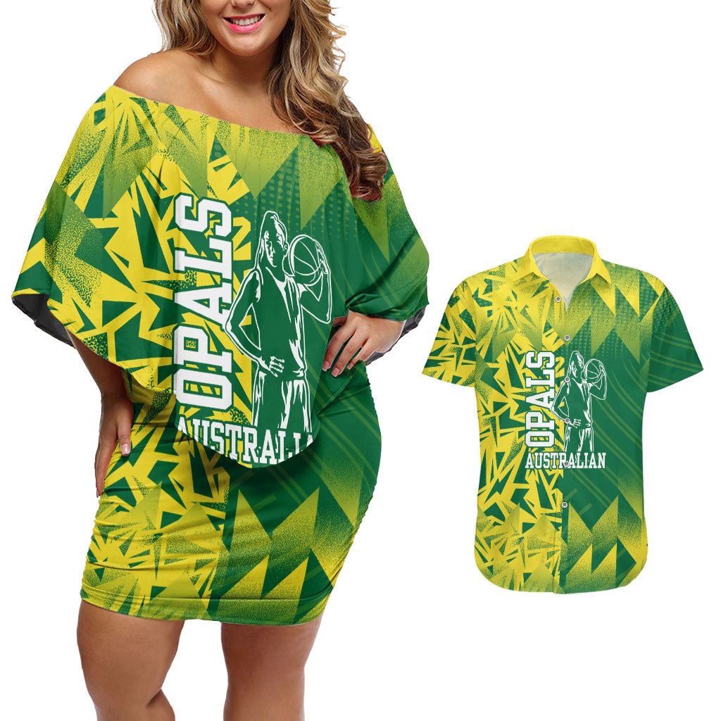 Australian Opals Basketball Couples Matching Off Shoulder Short Dress and Hawaiian Shirt Geometric Tribal Pattern In Green And Gold Athletic Art