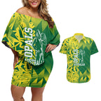 Australian Opals Basketball Couples Matching Off Shoulder Short Dress and Hawaiian Shirt Geometric Tribal Pattern In Green And Gold Athletic Art