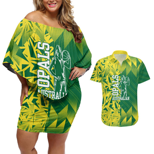 Australian Opals Basketball Couples Matching Off Shoulder Short Dress and Hawaiian Shirt Geometric Tribal Pattern In Green And Gold Athletic Art