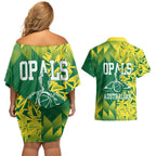Australian Opals Basketball Couples Matching Off Shoulder Short Dress and Hawaiian Shirt Geometric Tribal Pattern In Green And Gold Athletic Art