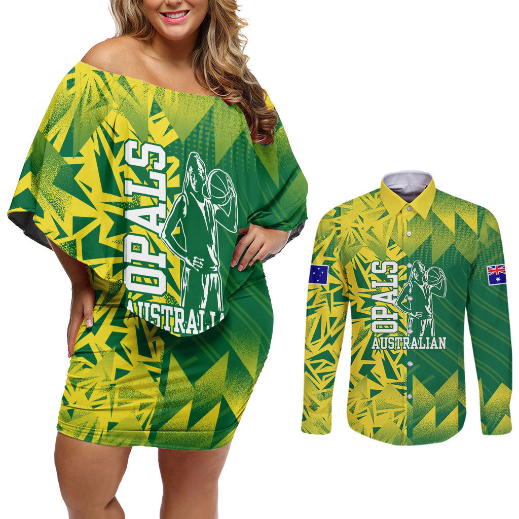 Australian Opals Basketball Couples Matching Off Shoulder Short Dress and Long Sleeve Button Shirt Geometric Tribal Pattern In Green And Gold Athletic Art