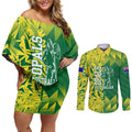 Australian Opals Basketball Couples Matching Off Shoulder Short Dress and Long Sleeve Button Shirt Geometric Tribal Pattern In Green And Gold Athletic Art