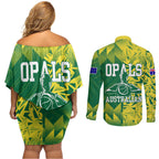 Australian Opals Basketball Couples Matching Off Shoulder Short Dress and Long Sleeve Button Shirt Geometric Tribal Pattern In Green And Gold Athletic Art