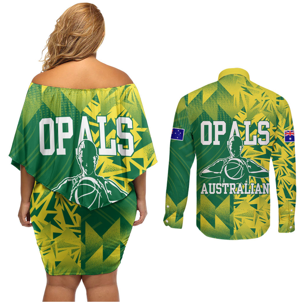 Australian Opals Basketball Couples Matching Off Shoulder Short Dress and Long Sleeve Button Shirt Geometric Tribal Pattern In Green And Gold Athletic Art