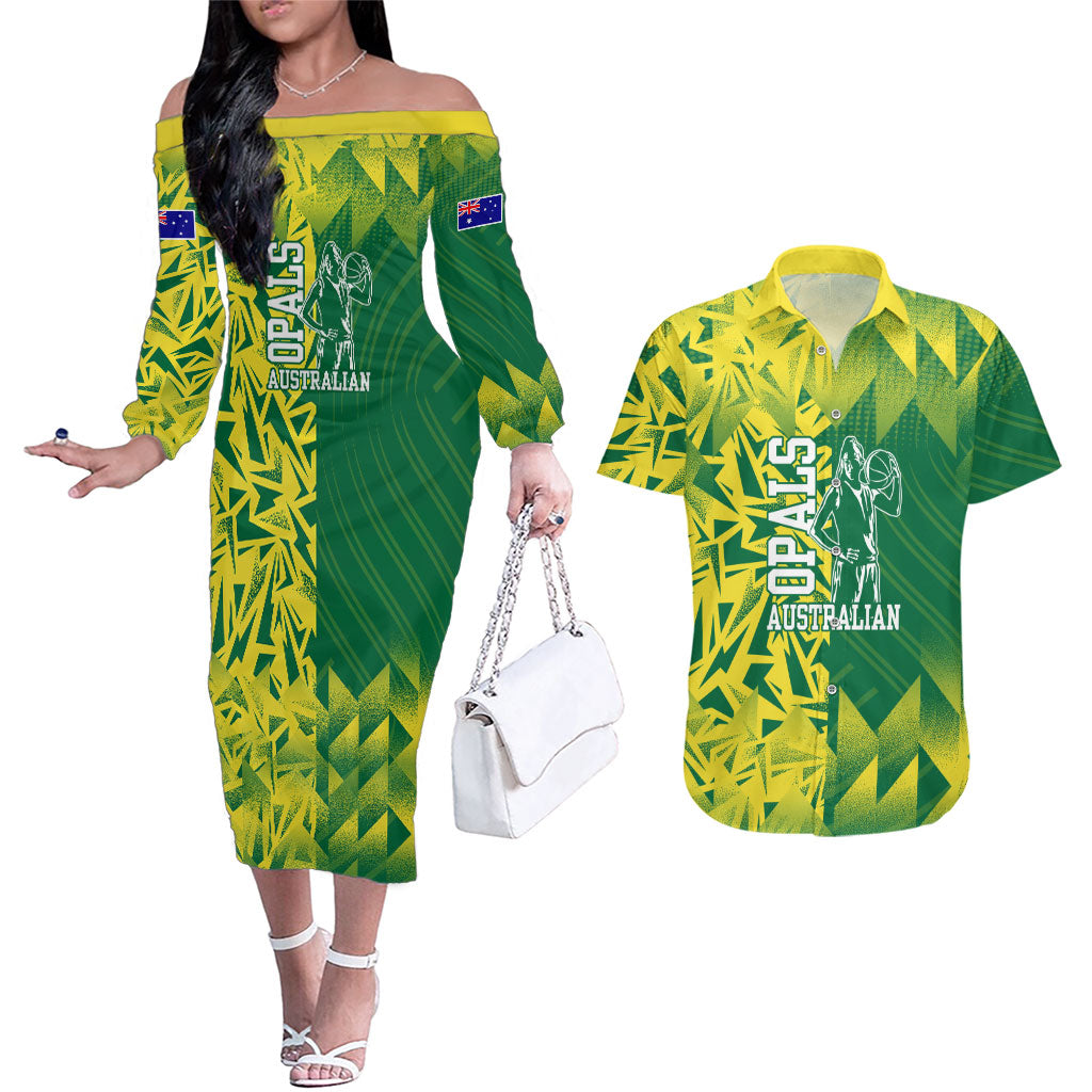 Australian Opals Basketball Couples Matching Off The Shoulder Long Sleeve Dress and Hawaiian Shirt Geometric Tribal Pattern In Green And Gold Athletic Art