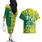 Australian Opals Basketball Couples Matching Off The Shoulder Long Sleeve Dress and Hawaiian Shirt Geometric Tribal Pattern In Green And Gold Athletic Art