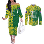 Australian Opals Basketball Couples Matching Off The Shoulder Long Sleeve Dress and Long Sleeve Button Shirt Geometric Tribal Pattern In Green And Gold Athletic Art