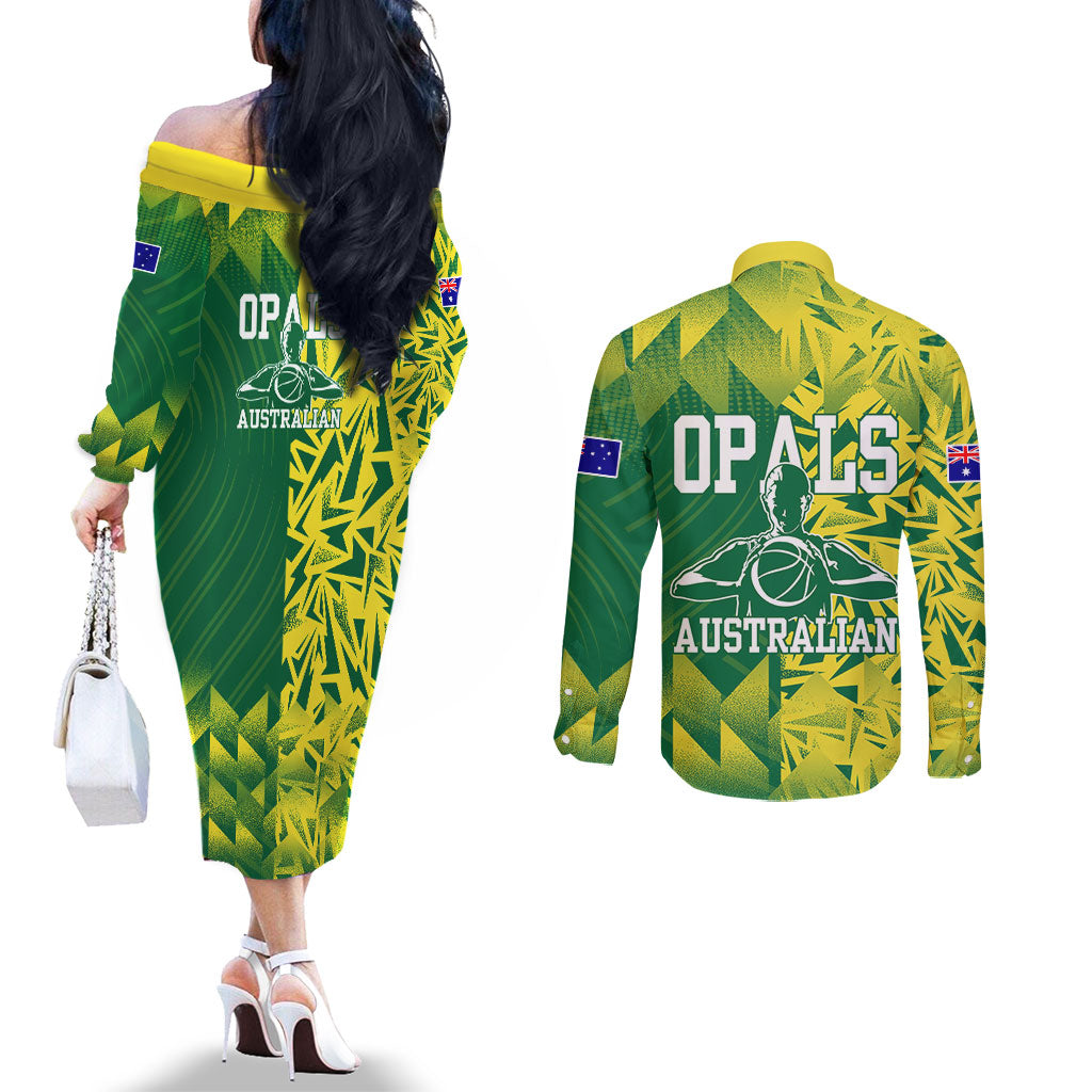 Australian Opals Basketball Couples Matching Off The Shoulder Long Sleeve Dress and Long Sleeve Button Shirt Geometric Tribal Pattern In Green And Gold Athletic Art