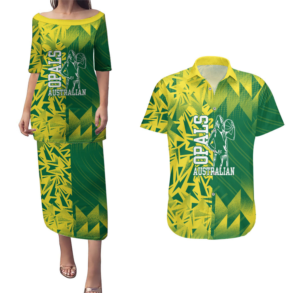 Australian Opals Basketball Couples Matching Puletasi and Hawaiian Shirt Geometric Tribal Pattern In Green And Gold Athletic Art