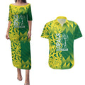 Australian Opals Basketball Couples Matching Puletasi and Hawaiian Shirt Geometric Tribal Pattern In Green And Gold Athletic Art
