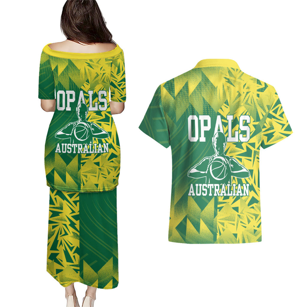 Australian Opals Basketball Couples Matching Puletasi and Hawaiian Shirt Geometric Tribal Pattern In Green And Gold Athletic Art