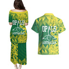 Australian Opals Basketball Couples Matching Puletasi and Hawaiian Shirt Geometric Tribal Pattern In Green And Gold Athletic Art