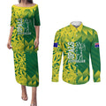 Australian Opals Basketball Couples Matching Puletasi and Long Sleeve Button Shirt Geometric Tribal Pattern In Green And Gold Athletic Art