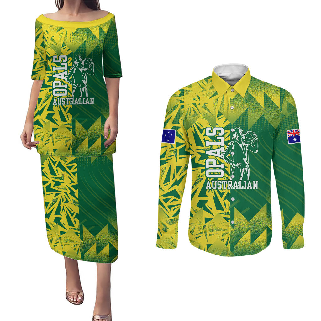 Australian Opals Basketball Couples Matching Puletasi and Long Sleeve Button Shirt Geometric Tribal Pattern In Green And Gold Athletic Art
