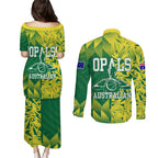 Australian Opals Basketball Couples Matching Puletasi and Long Sleeve Button Shirt Geometric Tribal Pattern In Green And Gold Athletic Art