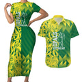 Australian Opals Basketball Couples Matching Short Sleeve Bodycon Dress and Hawaiian Shirt Geometric Tribal Pattern In Green And Gold Athletic Art