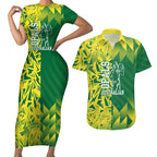 Australian Opals Basketball Couples Matching Short Sleeve Bodycon Dress and Hawaiian Shirt Geometric Tribal Pattern In Green And Gold Athletic Art