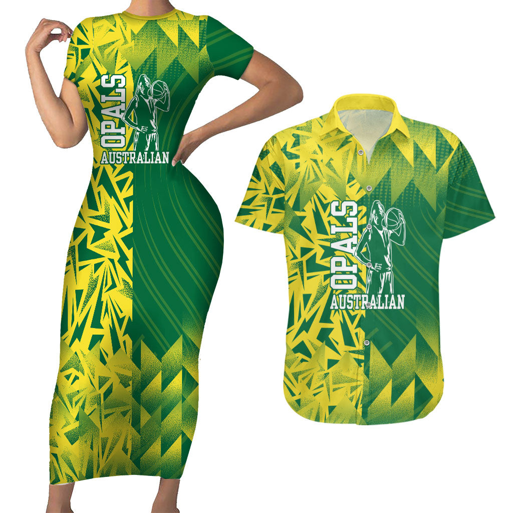 Australian Opals Basketball Couples Matching Short Sleeve Bodycon Dress and Hawaiian Shirt Geometric Tribal Pattern In Green And Gold Athletic Art