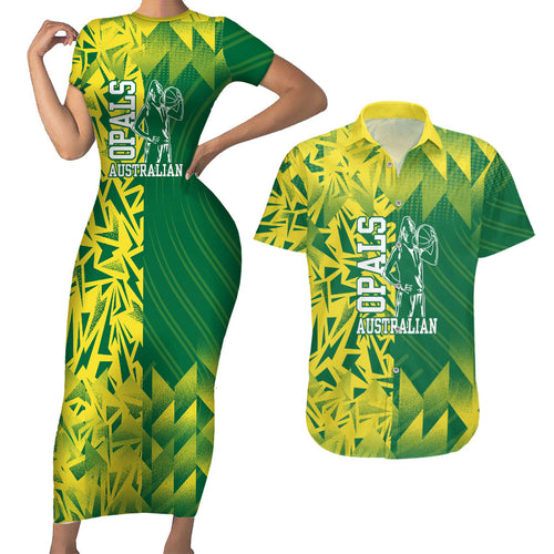 Australian Opals Basketball Couples Matching Short Sleeve Bodycon Dress and Hawaiian Shirt Geometric Tribal Pattern In Green And Gold Athletic Art