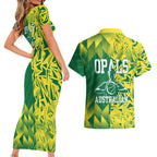 Australian Opals Basketball Couples Matching Short Sleeve Bodycon Dress and Hawaiian Shirt Geometric Tribal Pattern In Green And Gold Athletic Art