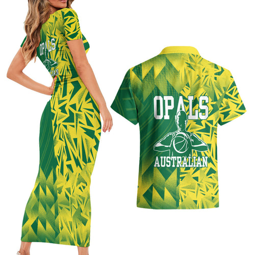 Australian Opals Basketball Couples Matching Short Sleeve Bodycon Dress and Hawaiian Shirt Geometric Tribal Pattern In Green And Gold Athletic Art