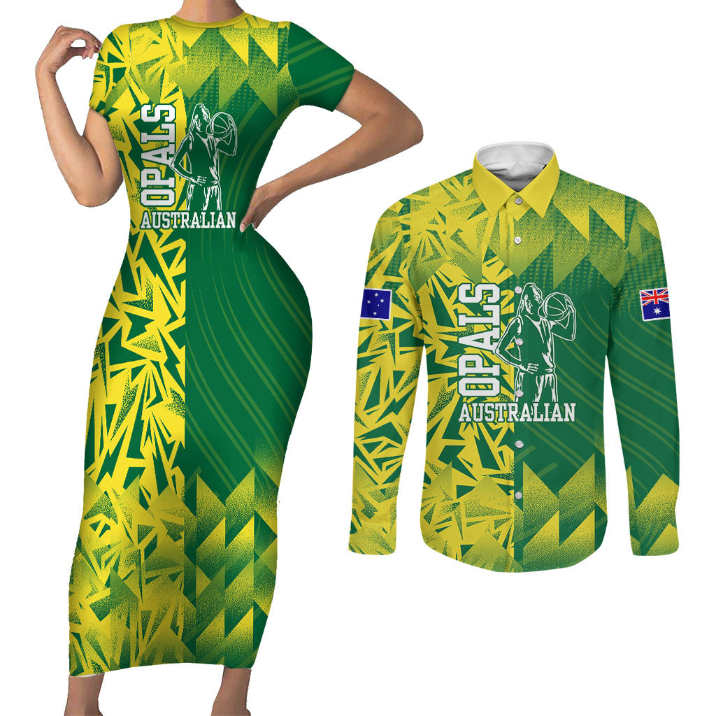 Australian Opals Basketball Couples Matching Short Sleeve Bodycon Dress and Long Sleeve Button Shirt Geometric Tribal Pattern In Green And Gold Athletic Art