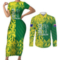 Australian Opals Basketball Couples Matching Short Sleeve Bodycon Dress and Long Sleeve Button Shirt Geometric Tribal Pattern In Green And Gold Athletic Art
