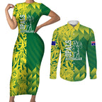 Australian Opals Basketball Couples Matching Short Sleeve Bodycon Dress and Long Sleeve Button Shirt Geometric Tribal Pattern In Green And Gold Athletic Art