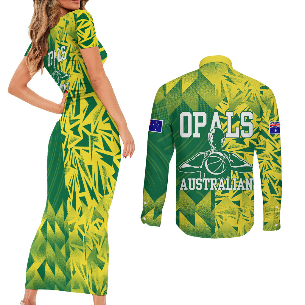 Australian Opals Basketball Couples Matching Short Sleeve Bodycon Dress and Long Sleeve Button Shirt Geometric Tribal Pattern In Green And Gold Athletic Art