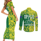 Australian Opals Basketball Couples Matching Short Sleeve Bodycon Dress and Long Sleeve Button Shirt Geometric Tribal Pattern In Green And Gold Athletic Art
