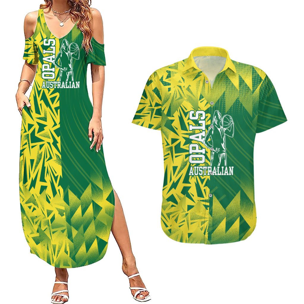 Australian Opals Basketball Couples Matching Summer Maxi Dress and Hawaiian Shirt Geometric Tribal Pattern In Green And Gold Athletic Art