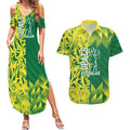 Australian Opals Basketball Couples Matching Summer Maxi Dress and Hawaiian Shirt Geometric Tribal Pattern In Green And Gold Athletic Art