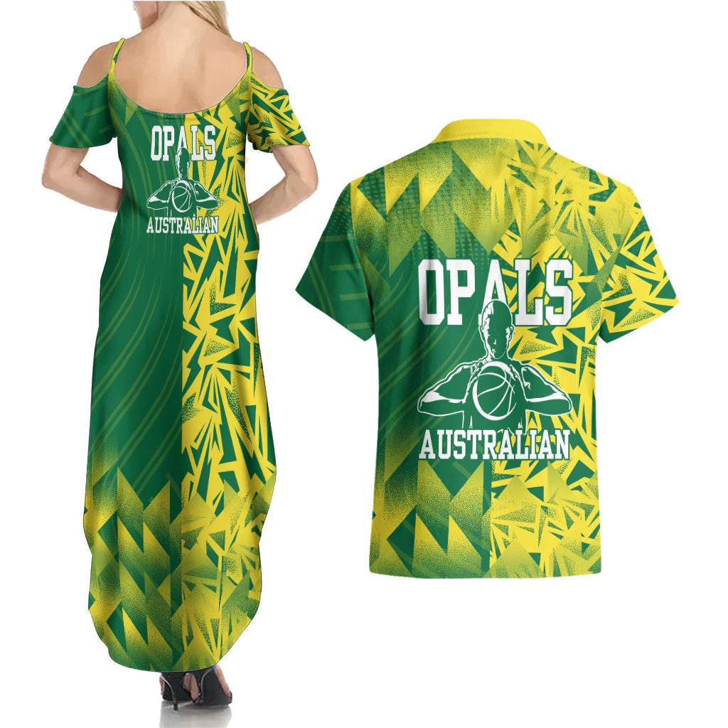 Australian Opals Basketball Couples Matching Summer Maxi Dress and Hawaiian Shirt Geometric Tribal Pattern In Green And Gold Athletic Art