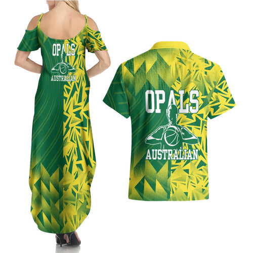 Australian Opals Basketball Couples Matching Summer Maxi Dress and Hawaiian Shirt Geometric Tribal Pattern In Green And Gold Athletic Art