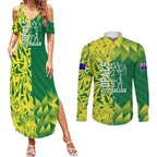 Australian Opals Basketball Couples Matching Summer Maxi Dress and Long Sleeve Button Shirt Geometric Tribal Pattern In Green And Gold Athletic Art