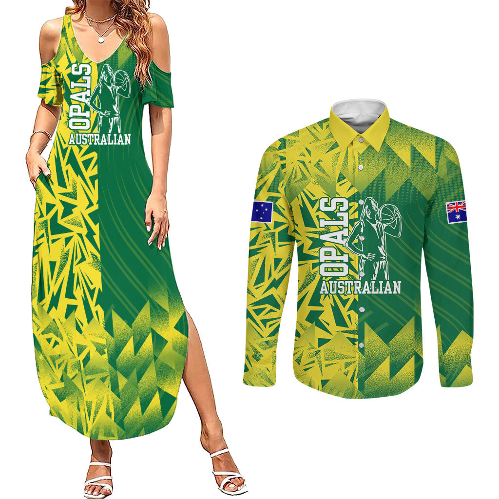 Australian Opals Basketball Couples Matching Summer Maxi Dress and Long Sleeve Button Shirt Geometric Tribal Pattern In Green And Gold Athletic Art