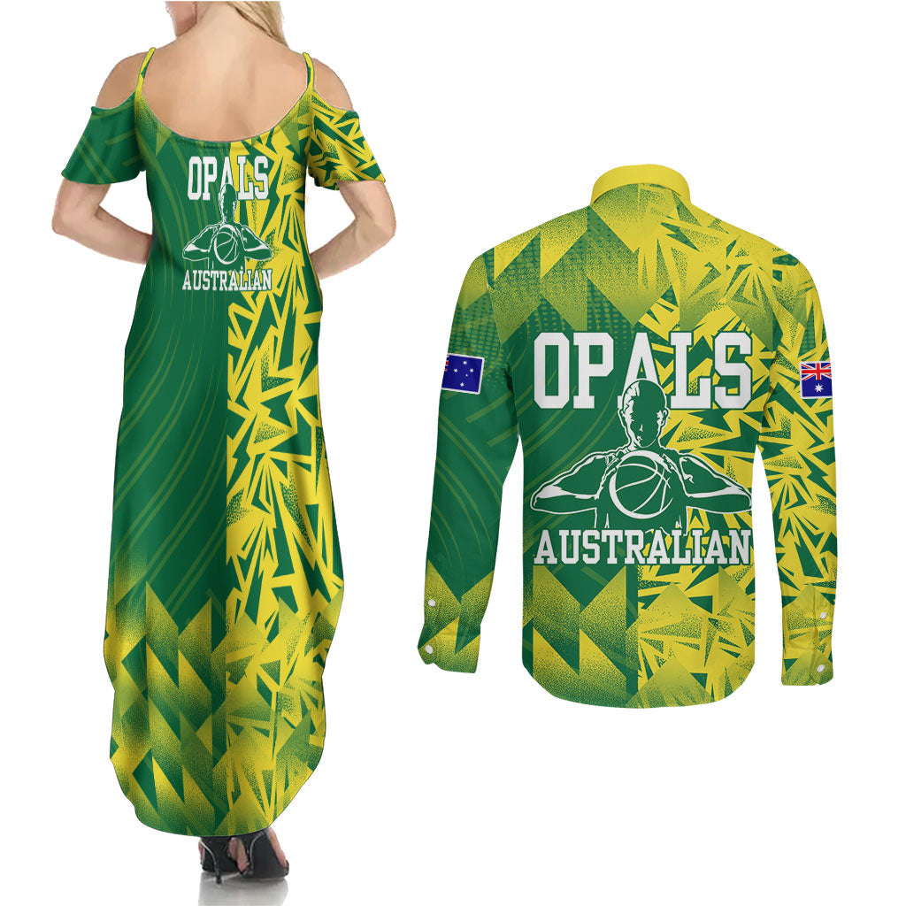 Australian Opals Basketball Couples Matching Summer Maxi Dress and Long Sleeve Button Shirt Geometric Tribal Pattern In Green And Gold Athletic Art