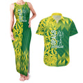 Australian Opals Basketball Couples Matching Tank Maxi Dress and Hawaiian Shirt Geometric Tribal Pattern In Green And Gold Athletic Art
