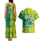 Australian Opals Basketball Couples Matching Tank Maxi Dress and Hawaiian Shirt Geometric Tribal Pattern In Green And Gold Athletic Art