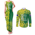 Australian Opals Basketball Couples Matching Tank Maxi Dress and Long Sleeve Button Shirt Geometric Tribal Pattern In Green And Gold Athletic Art