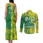 Australian Opals Basketball Couples Matching Tank Maxi Dress and Long Sleeve Button Shirt Geometric Tribal Pattern In Green And Gold Athletic Art